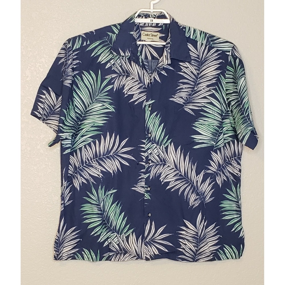 Cooke Street Honolulu Mens Hawaiian Shirt XL/2XL‎ Blue Green Tan Palm Print S/S